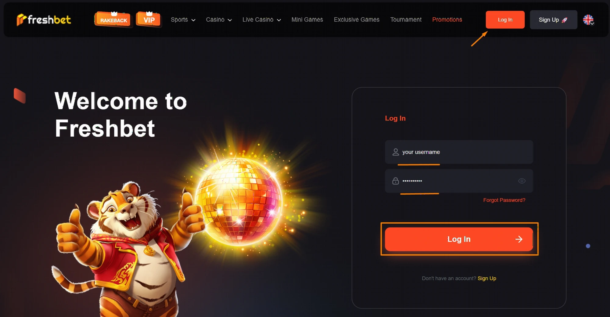 FreshBet Casino Login Interface